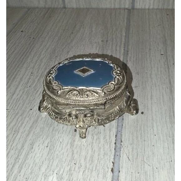 Antique Mini Trinket Jewelry Box Beautiful Deep Blue Silver Tone Oval Lined - Picture 4 of 7